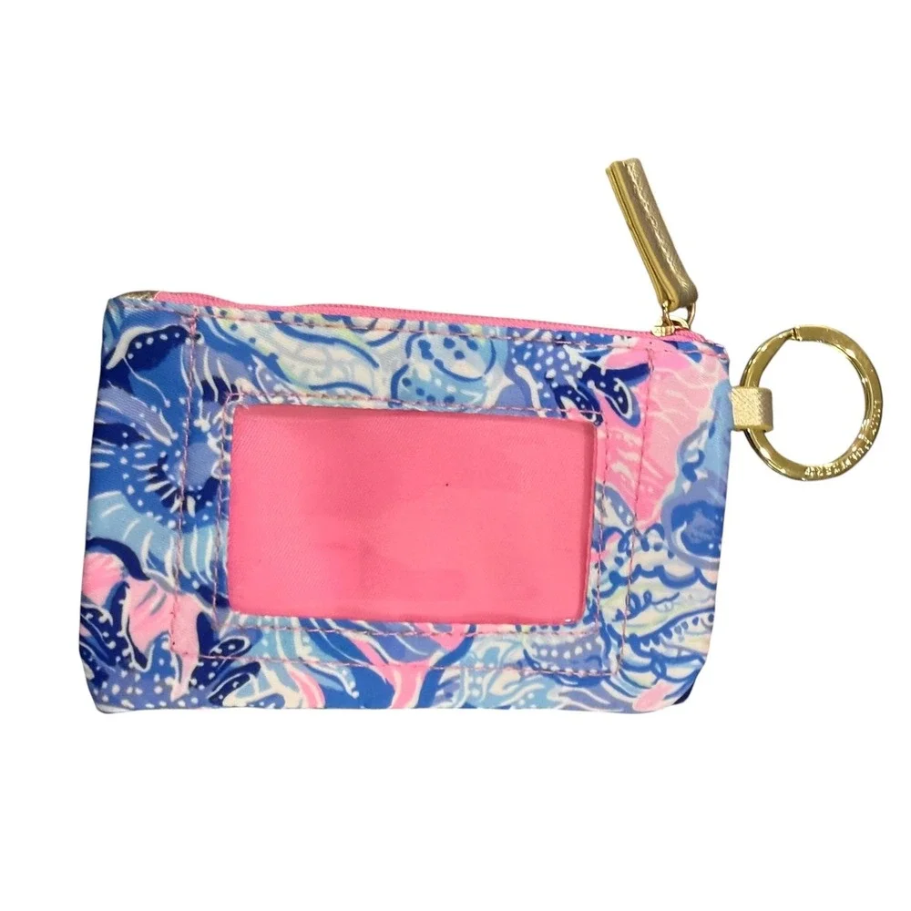 Lilly Pulitzer Keychain ID Wallet Coin Purse Card Holder Pink Blue Floral Gold